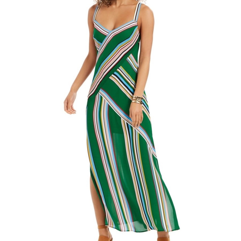 ADRIANNA PAPELL Womens Green Spaghetti Strap Full-Length Formal A-Line